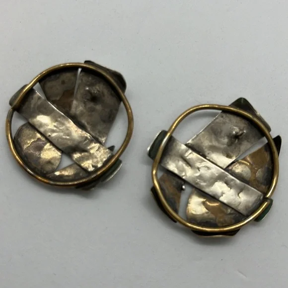 Brutalist artisan silver and brass post earrings - Picture 5 of 7